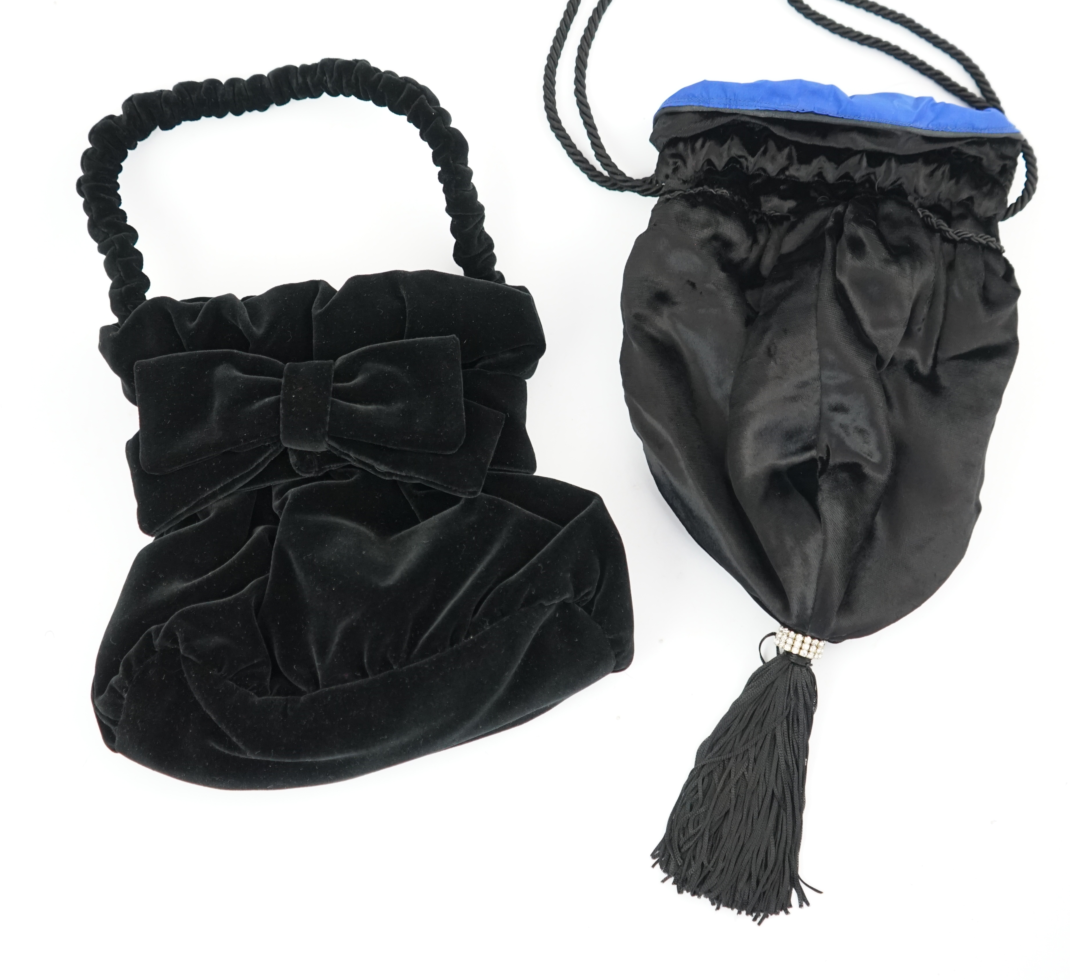 Two black velvet Italian evening bags, one labelled Rita Palmucci and the other Niro. One black silk velvet drawstring with blue satin lining, with tassel and diamanté decoration, the other black velvet with black satin